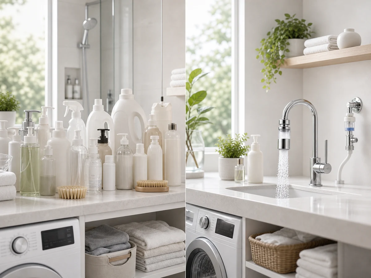 Fewer cleaning bottles in a lower-chemical routine
